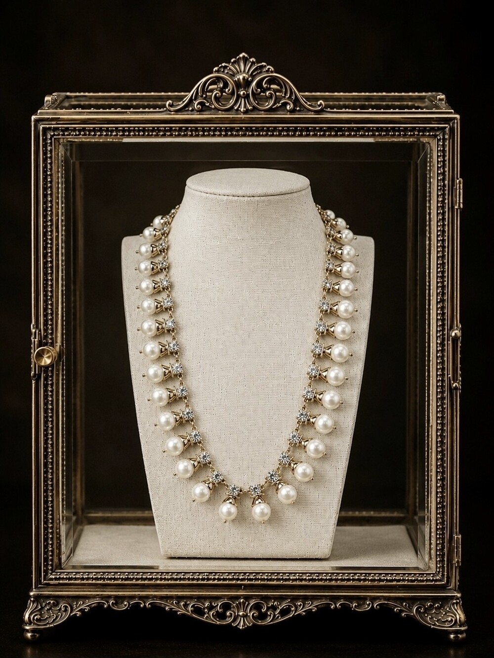 Banana Republic Heavy Well Made Creamy Faux Pearl Rhinestone Necklace Gold Tone